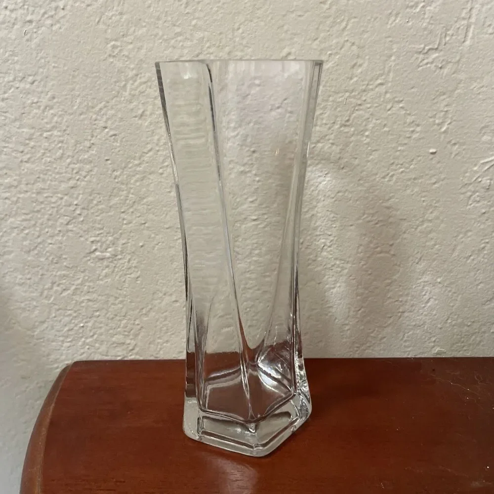 Vintage Glass Vase Twisted Hexagon Flare Top 9.25 In Heavy Glass Clear Elegant A